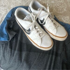 Nike White and Black Sneakers with Tan Detail with 2 Nike large shirts